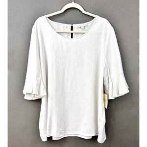 Cynthia Rowley White Top 1X Linen Blend Flutter Trim Sleeve Coastal Grandma NEW